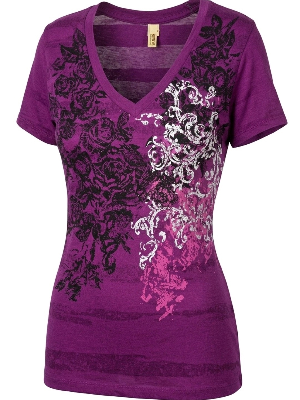 Route 66 Purple V-Neck Floral Scroll Graphic Tee Size 2XL